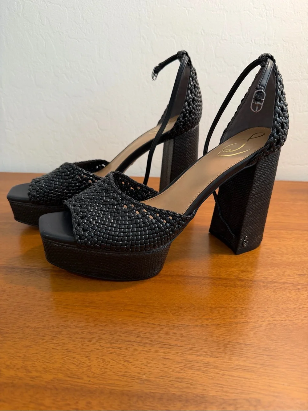 Sam Edelman Nattie Woven Black Platform Block Heel Sandals
